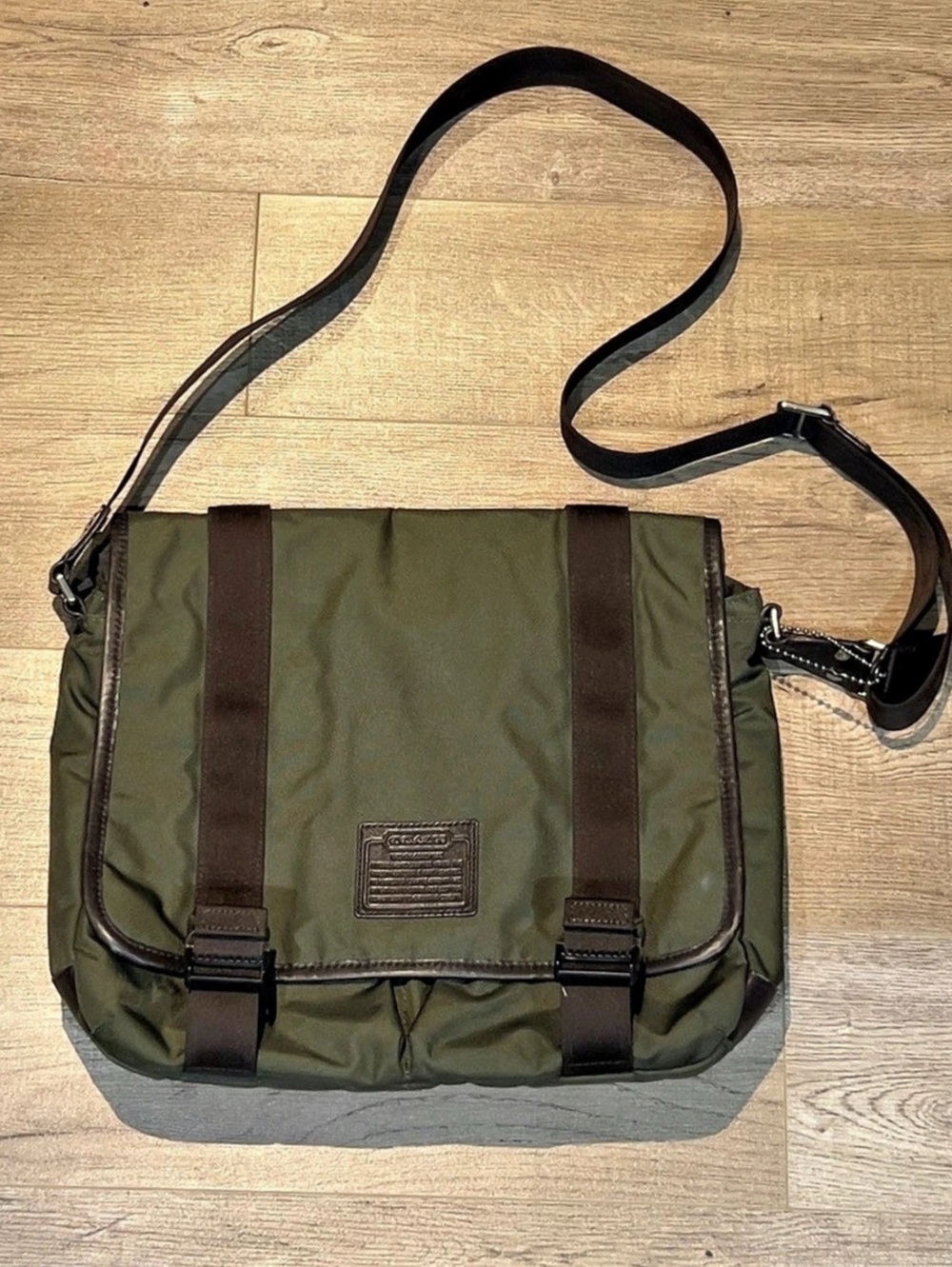 Coach Lane Messenger In Signature Nylon Green & Brown Bag